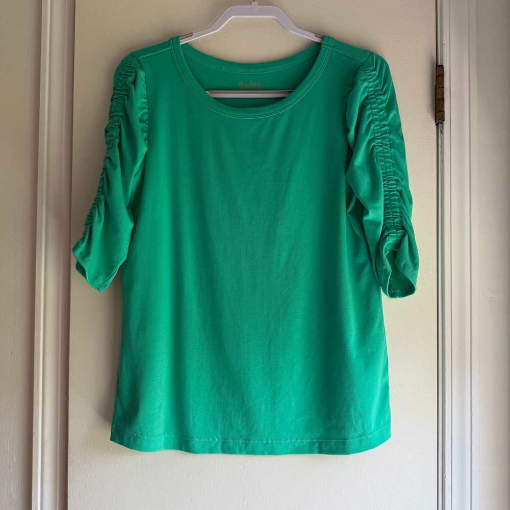 Lilly Pulitzer Etta Top Green Ruched 3/4 Sleeve Scoop Neck Cotton Modal Large